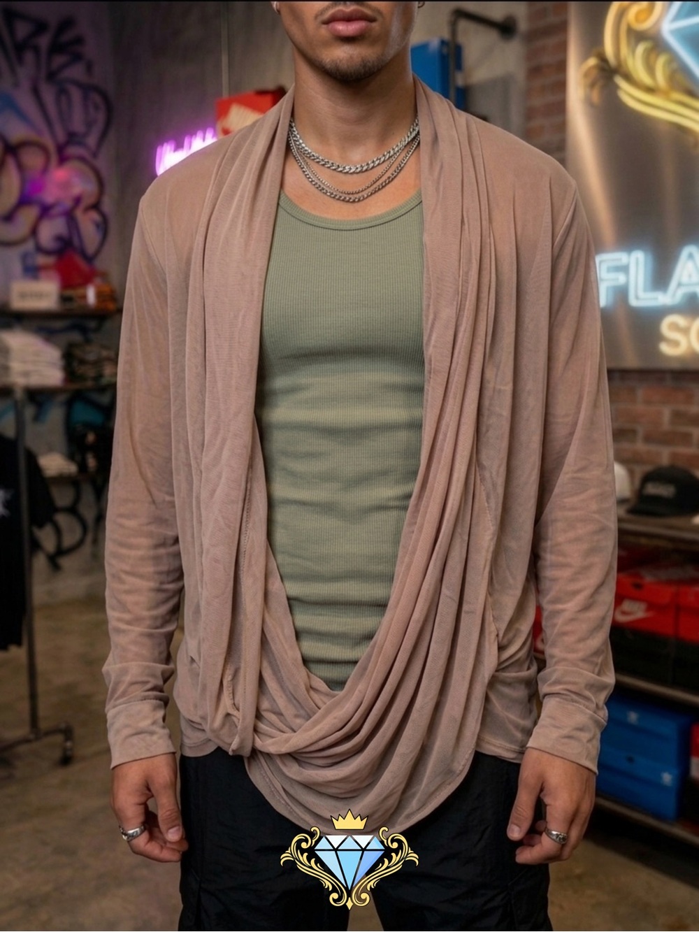 Manfinity Men’s Open Draped Cardigan Top | Semi-Transparent Taupe | Size XL